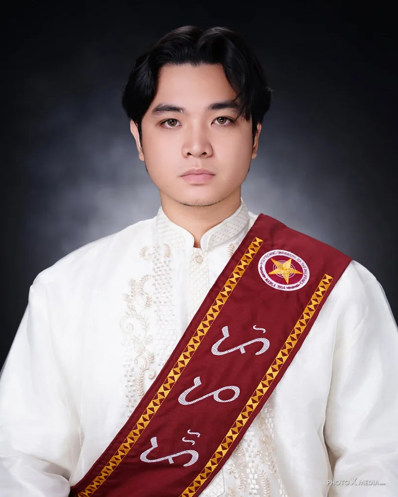 Jamz in a barong with the PUP sash, graduation portrait